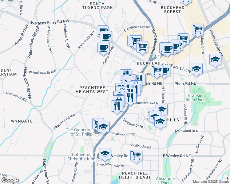 map of restaurants, bars, coffee shops, grocery stores, and more near 2900 Peachtree Road Northwest in Atlanta