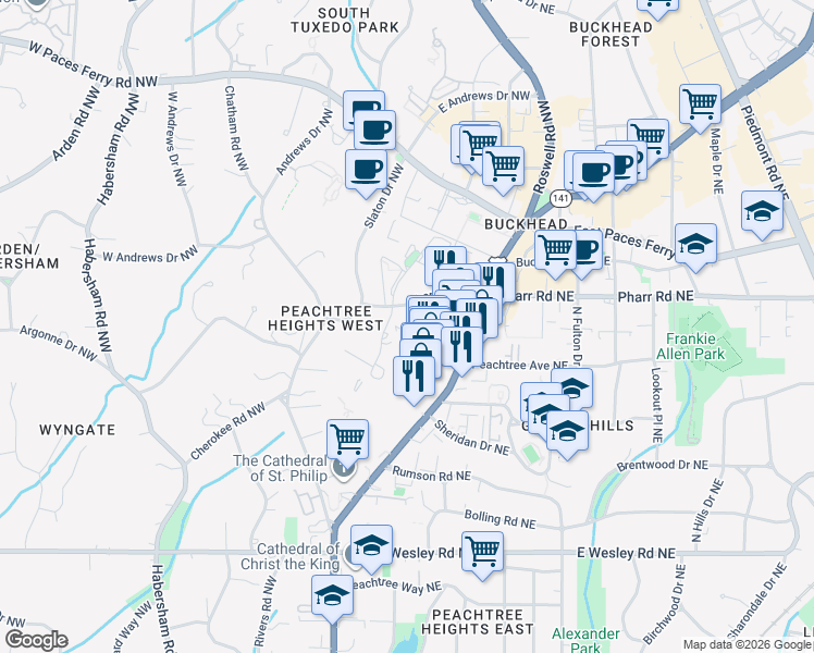 map of restaurants, bars, coffee shops, grocery stores, and more near 2900 Peachtree Road Northwest in Atlanta