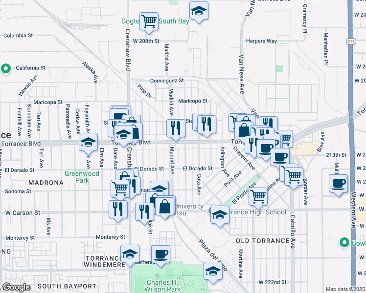 map of restaurants, bars, coffee shops, grocery stores, and more near 1226 Madrid Avenue in Torrance