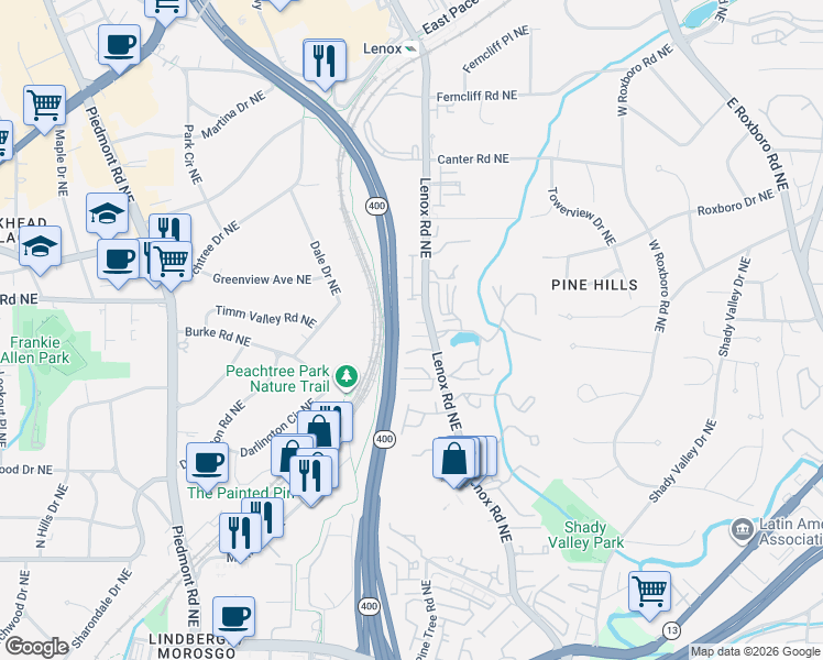 map of restaurants, bars, coffee shops, grocery stores, and more near 852 Embassy Court Northeast in Atlanta