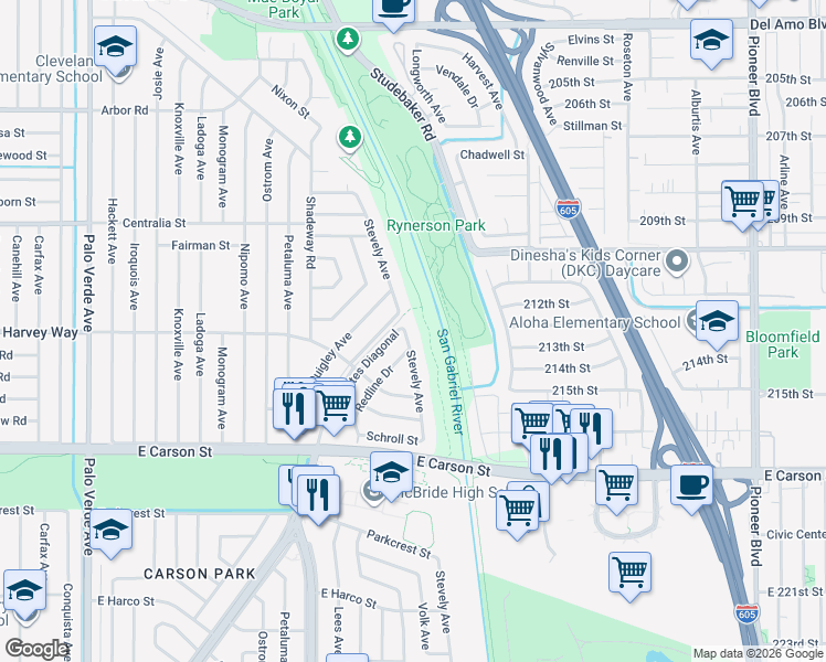 map of restaurants, bars, coffee shops, grocery stores, and more near 4254 Stevely Avenue in Lakewood
