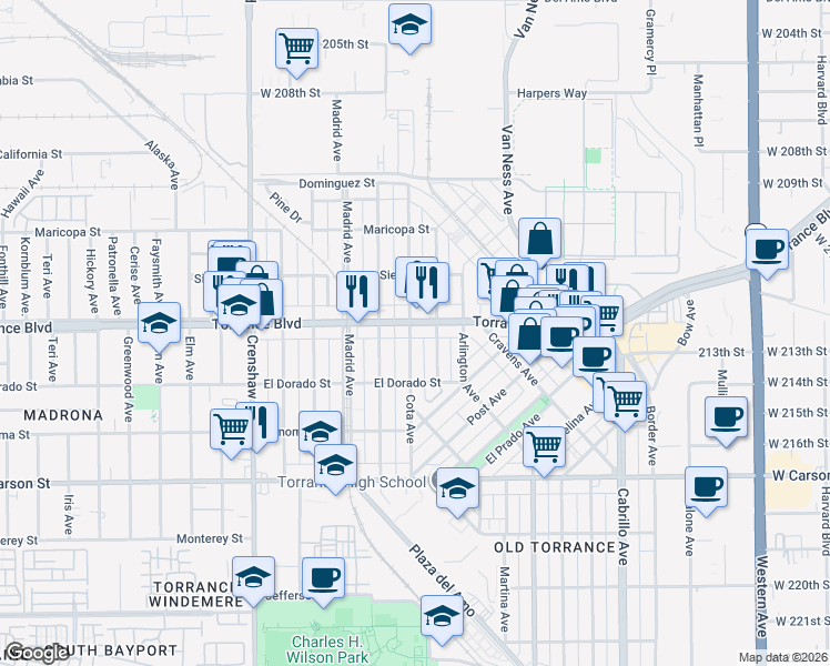 map of restaurants, bars, coffee shops, grocery stores, and more near 1229 Cota Avenue in Torrance
