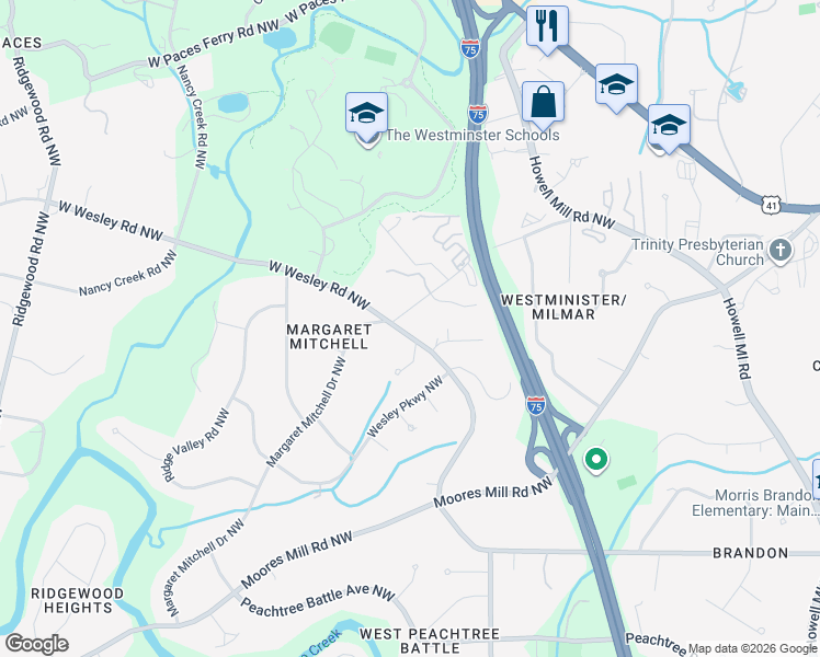 map of restaurants, bars, coffee shops, grocery stores, and more near 1300 12 Oaks Circle Northwest in Atlanta