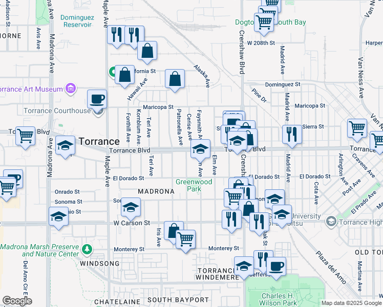 map of restaurants, bars, coffee shops, grocery stores, and more near 2666 Torrance Boulevard in Torrance