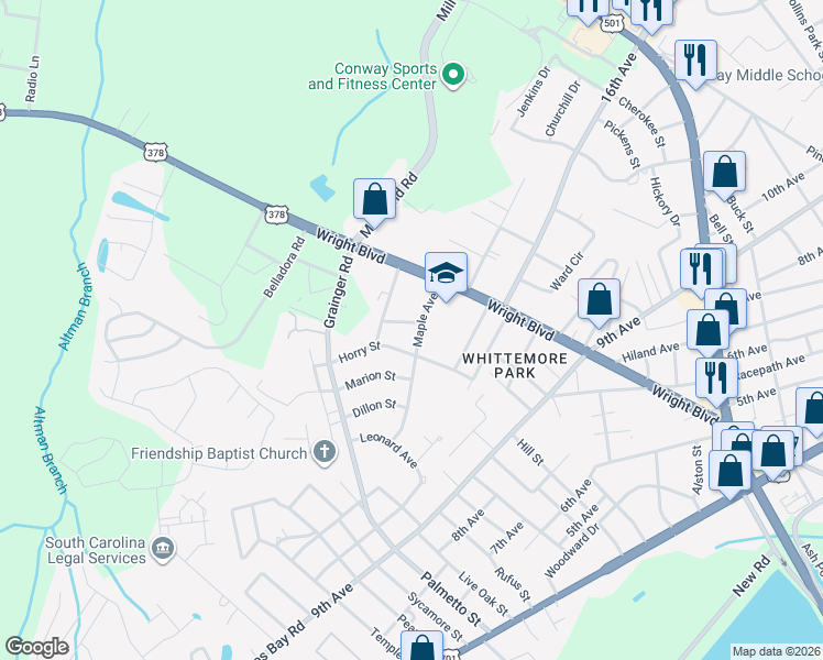 map of restaurants, bars, coffee shops, grocery stores, and more near 1900 Maple Avenue in Conway