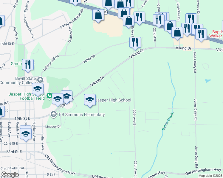 map of restaurants, bars, coffee shops, grocery stores, and more near 1301-1743 Viking Drive in Jasper
