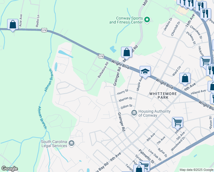 map of restaurants, bars, coffee shops, grocery stores, and more near 1519 Grainger Road in Conway
