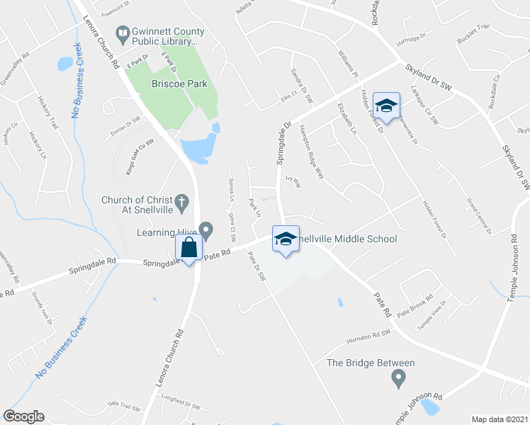 map of restaurants, bars, coffee shops, grocery stores, and more near 3096 Park Lane in Snellville