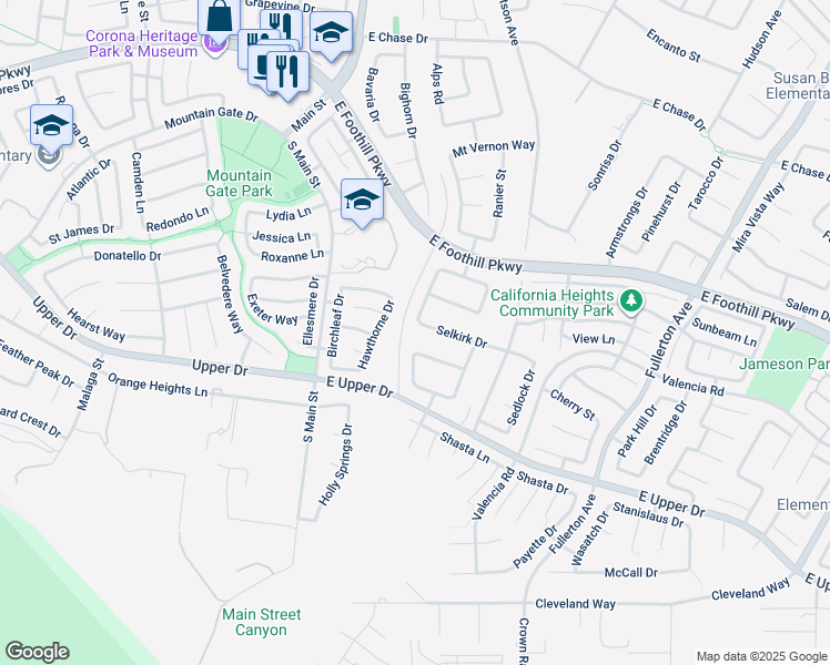 map of restaurants, bars, coffee shops, grocery stores, and more near 314 Selkirk Drive in Corona
