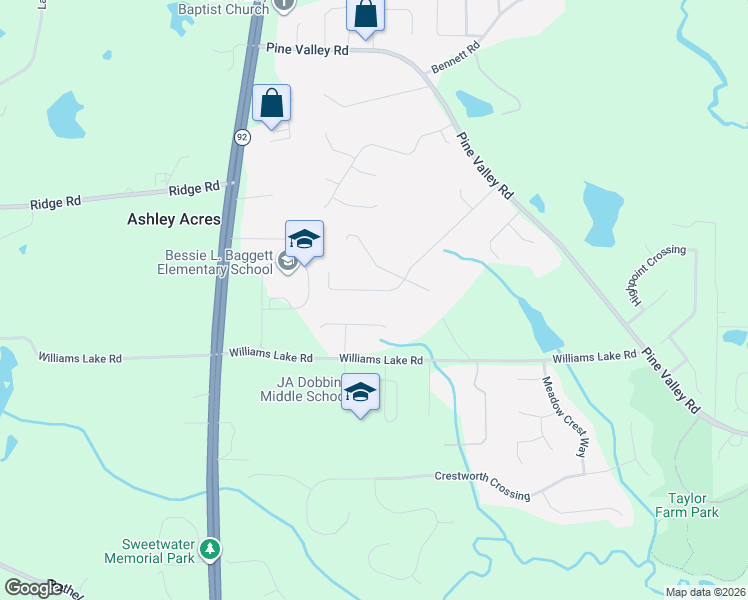 map of restaurants, bars, coffee shops, grocery stores, and more near 173 Thorntree Pass in Powder Springs