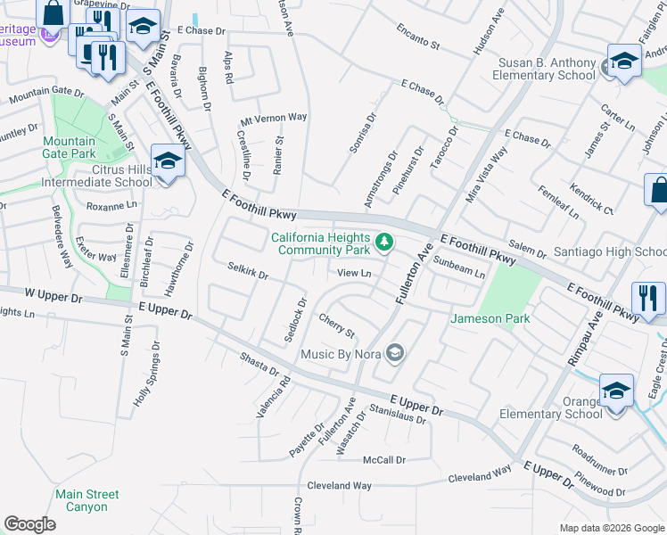 map of restaurants, bars, coffee shops, grocery stores, and more near 656 View Lane in Corona