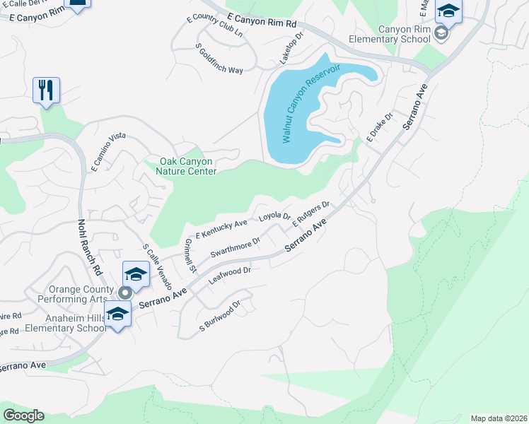 map of restaurants, bars, coffee shops, grocery stores, and more near 6885 Swarthmore Drive in Anaheim