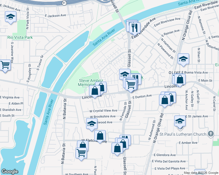 map of restaurants, bars, coffee shops, grocery stores, and more near 315 West Lincoln Avenue in Orange