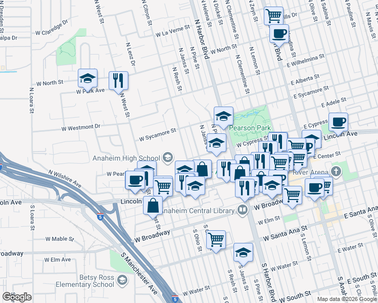 map of restaurants, bars, coffee shops, grocery stores, and more near 712 West Cypress Street in Anaheim