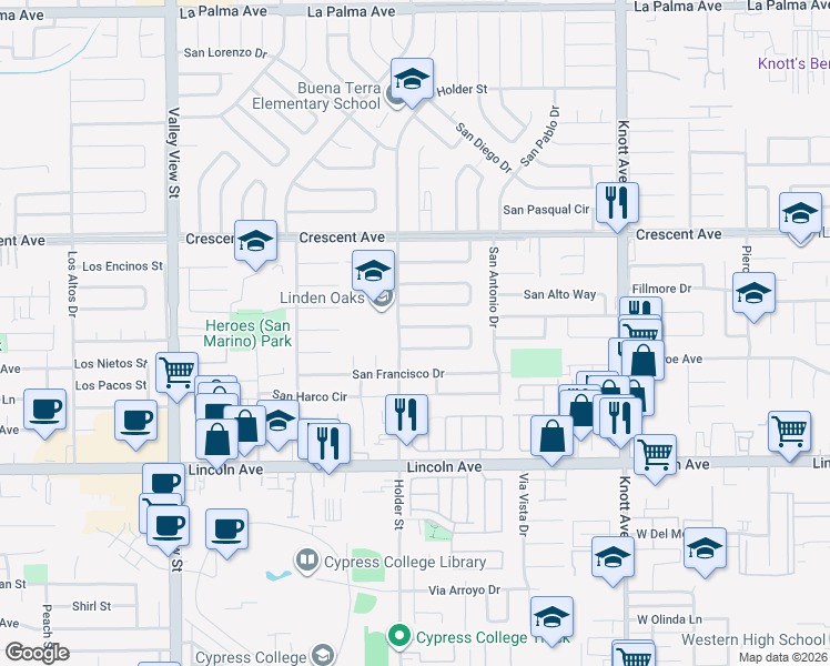 map of restaurants, bars, coffee shops, grocery stores, and more near 6642 San Haroldo Way in Buena Park