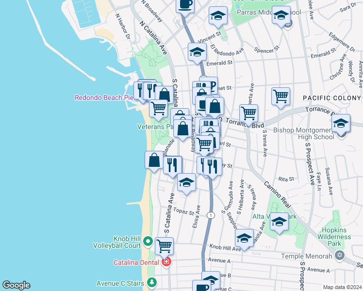 map of restaurants, bars, coffee shops, grocery stores, and more near 420 South Catalina Avenue in Redondo Beach