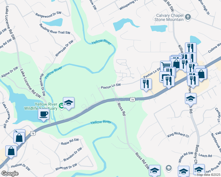 map of restaurants, bars, coffee shops, grocery stores, and more near Ross Road in Gwinnett County