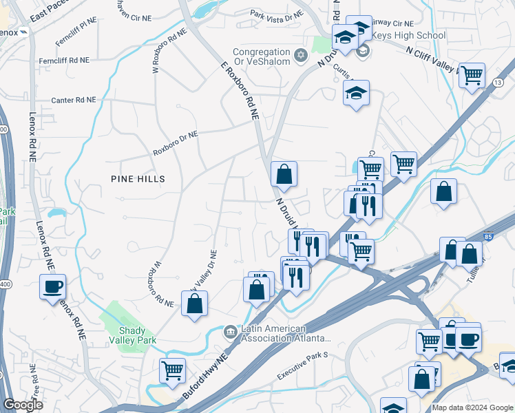 map of restaurants, bars, coffee shops, grocery stores, and more near 1871 Buckhead Valley Lane Northeast in Atlanta
