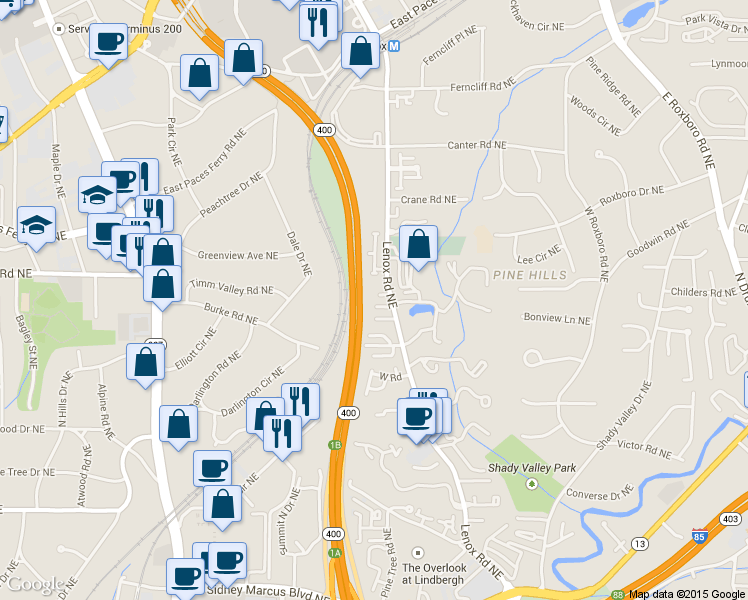map of restaurants, bars, coffee shops, grocery stores, and more near 889 Lenox Court Northeast in Atlanta