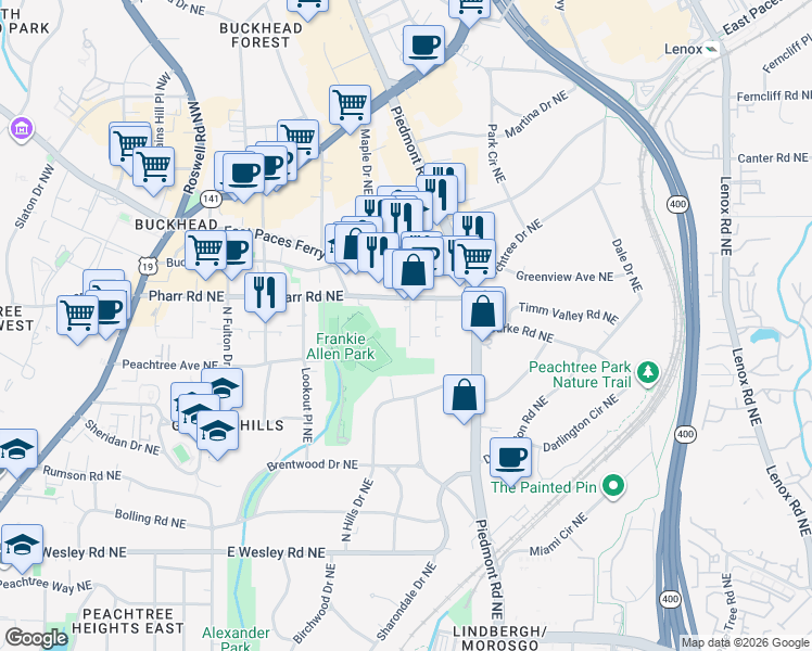 map of restaurants, bars, coffee shops, grocery stores, and more near 2961 Hardman Court Northeast in Atlanta