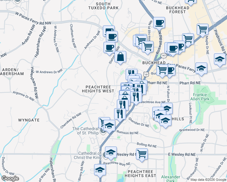 map of restaurants, bars, coffee shops, grocery stores, and more near 2920 Pharr Court South Northwest in Atlanta