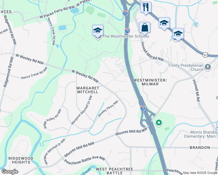 map of restaurants, bars, coffee shops, grocery stores, and more near 1300 12 Oaks Circle Northwest in Atlanta