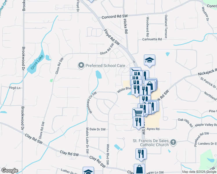 map of restaurants, bars, coffee shops, grocery stores, and more near 912 Woodward Circle Southwest in Mableton