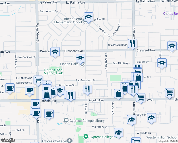 map of restaurants, bars, coffee shops, grocery stores, and more near 6642 San Haroldo Way in Buena Park