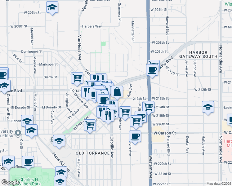 map of restaurants, bars, coffee shops, grocery stores, and more near in Torrance
