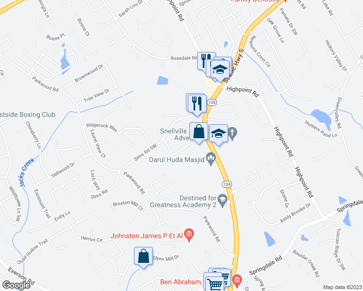 map of restaurants, bars, coffee shops, grocery stores, and more near 2730 Trotters Walk Trail in Snellville