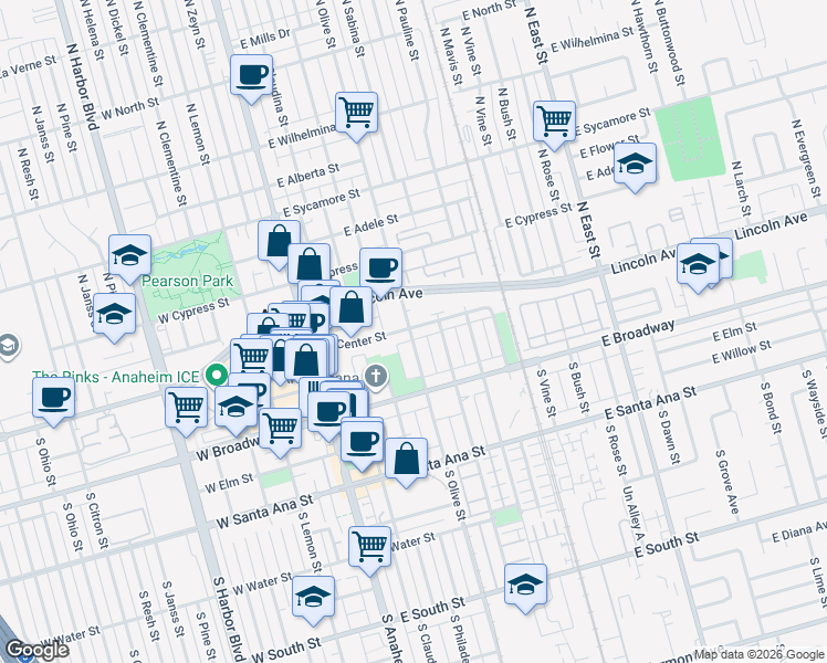 map of restaurants, bars, coffee shops, grocery stores, and more near 2 South Olive Street in Anaheim