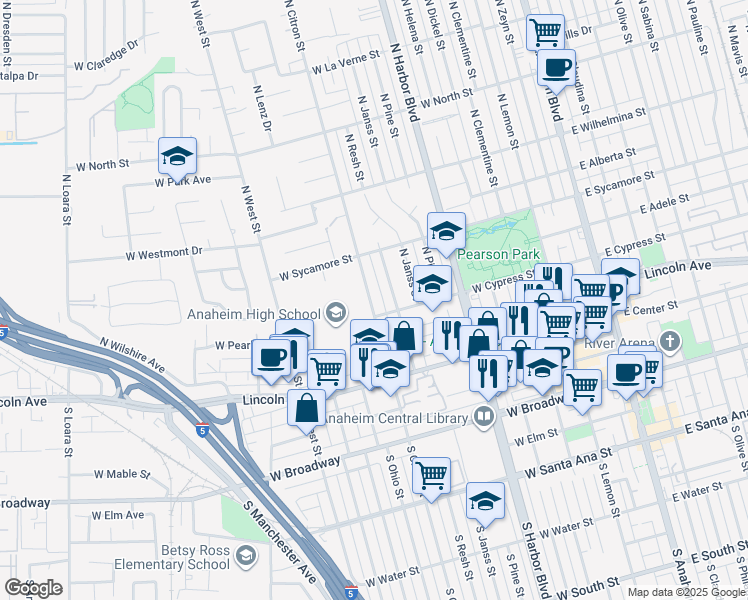 map of restaurants, bars, coffee shops, grocery stores, and more near 314 North Citron Street in Anaheim