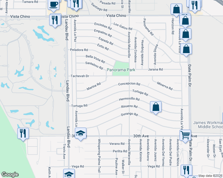 map of restaurants, bars, coffee shops, grocery stores, and more near 68355 Tortuga Road in Cathedral City