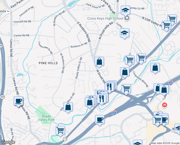 map of restaurants, bars, coffee shops, grocery stores, and more near 1871 Buckhead Valley Lane Northeast in Atlanta