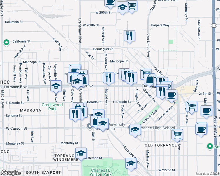 map of restaurants, bars, coffee shops, grocery stores, and more near 1226 Madrid Avenue in Torrance