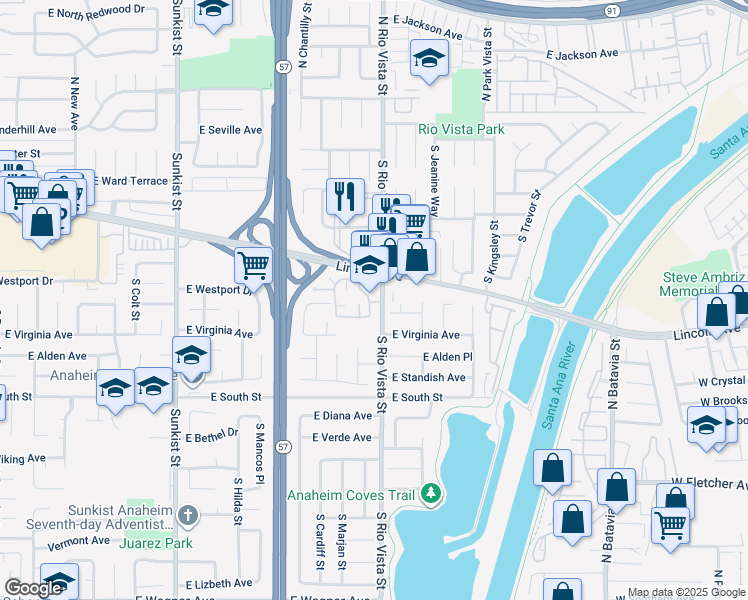 map of restaurants, bars, coffee shops, grocery stores, and more near 476 East Lincoln Avenue in Anaheim