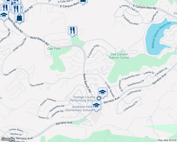 map of restaurants, bars, coffee shops, grocery stores, and more near 6535 East Paseo El Greco in Anaheim
