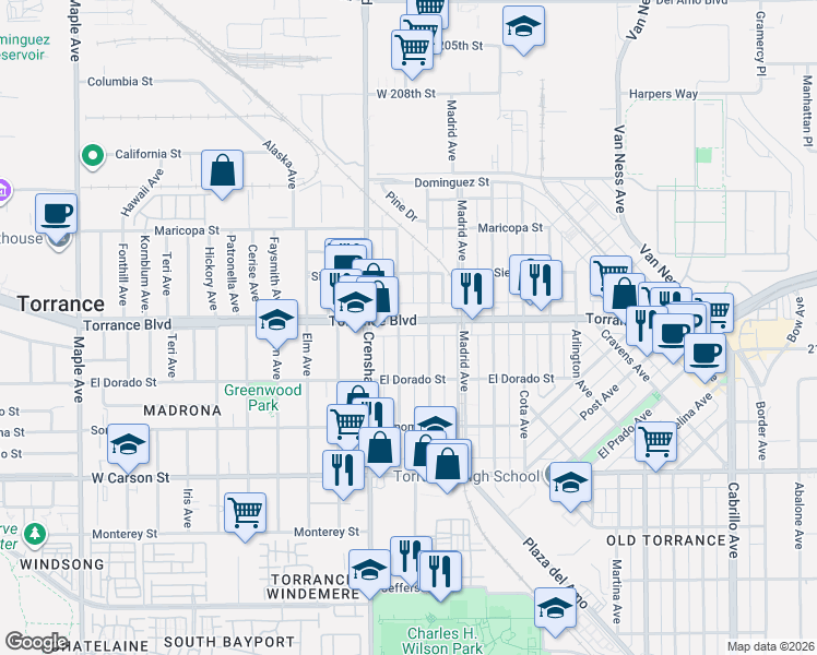 map of restaurants, bars, coffee shops, grocery stores, and more near 2424 Torrance Boulevard in Torrance