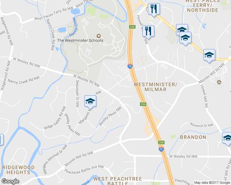 map of restaurants, bars, coffee shops, grocery stores, and more near 1300 12 Oaks Circle Northwest in Atlanta