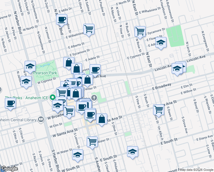 map of restaurants, bars, coffee shops, grocery stores, and more near 406 East Center Street in Anaheim