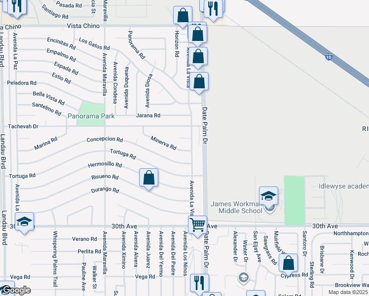 map of restaurants, bars, coffee shops, grocery stores, and more near 68920 Minerva Road in Cathedral City