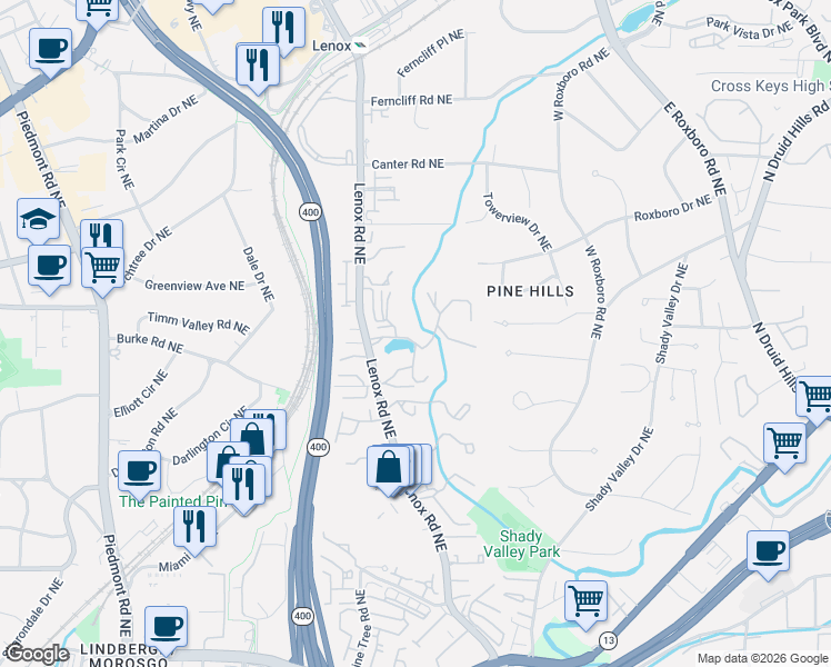 map of restaurants, bars, coffee shops, grocery stores, and more near 28207 Plantation Drive Northeast in Atlanta