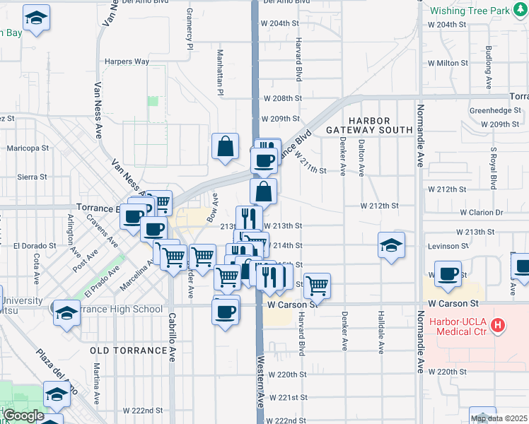 map of restaurants, bars, coffee shops, grocery stores, and more near 1651 West 213th Street in Torrance