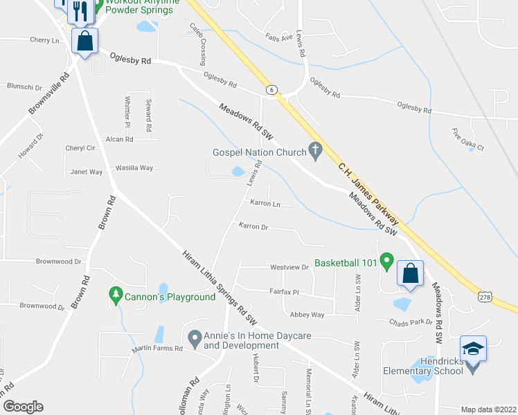 map of restaurants, bars, coffee shops, grocery stores, and more near 4573 Karron Lane in Powder Springs