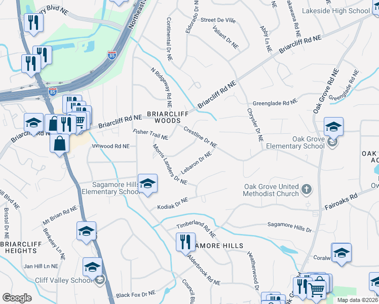 map of restaurants, bars, coffee shops, grocery stores, and more near 2131 Impala Drive Northeast in Atlanta
