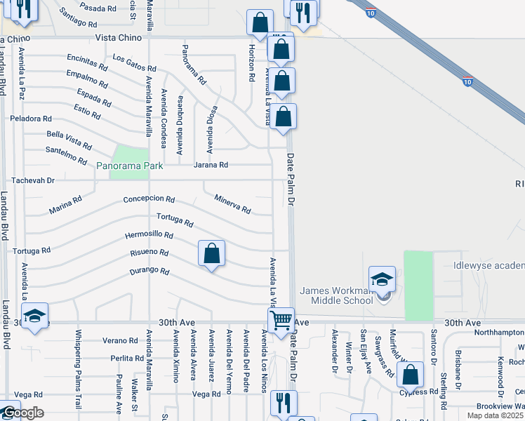 map of restaurants, bars, coffee shops, grocery stores, and more near 68920 Minerva Road in Cathedral City