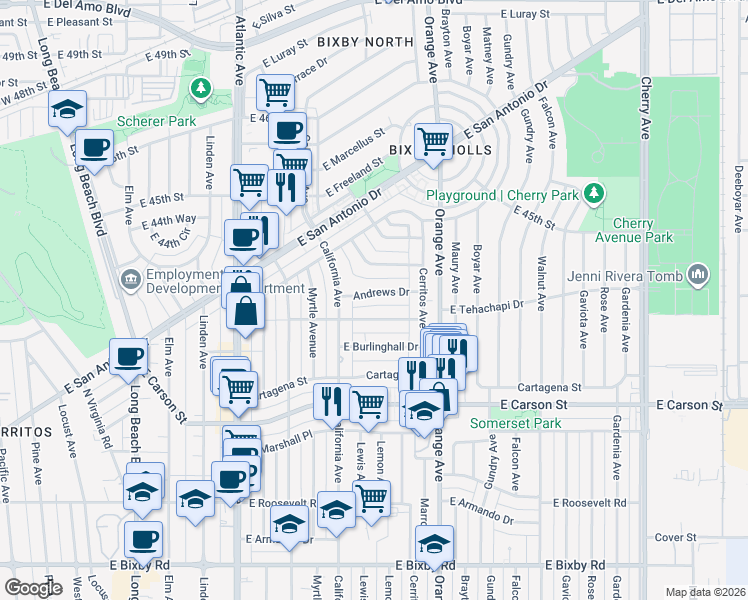 map of restaurants, bars, coffee shops, grocery stores, and more near 1052 Andrews Drive in Long Beach