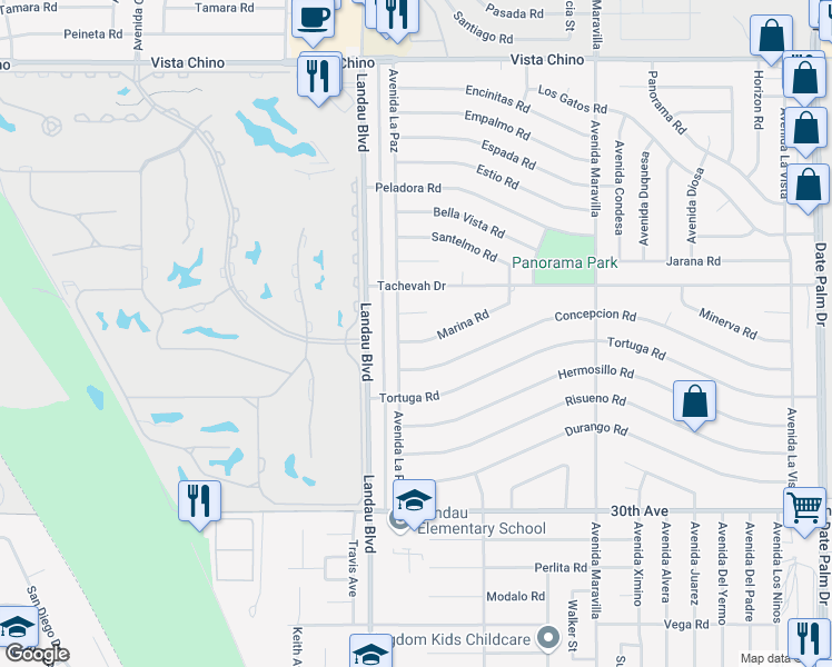 map of restaurants, bars, coffee shops, grocery stores, and more near 68110 Marina Road in Cathedral City