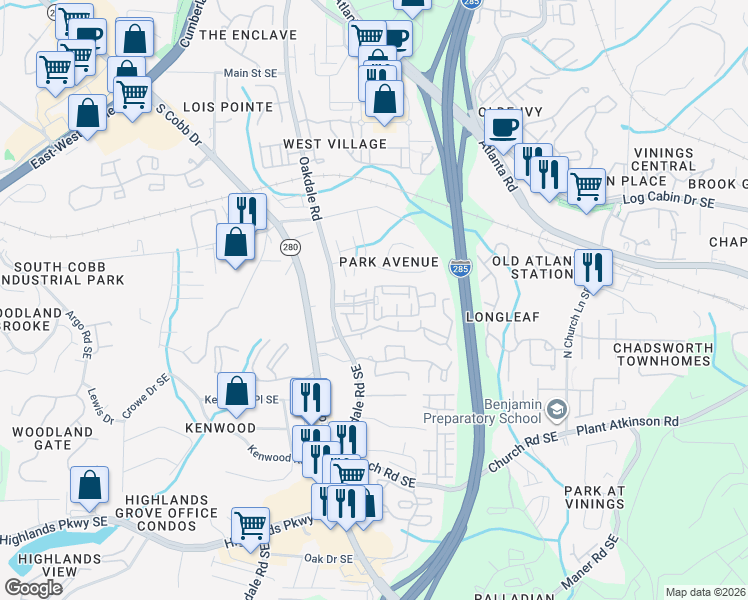 map of restaurants, bars, coffee shops, grocery stores, and more near 2235 Millhaven Street in Smyrna