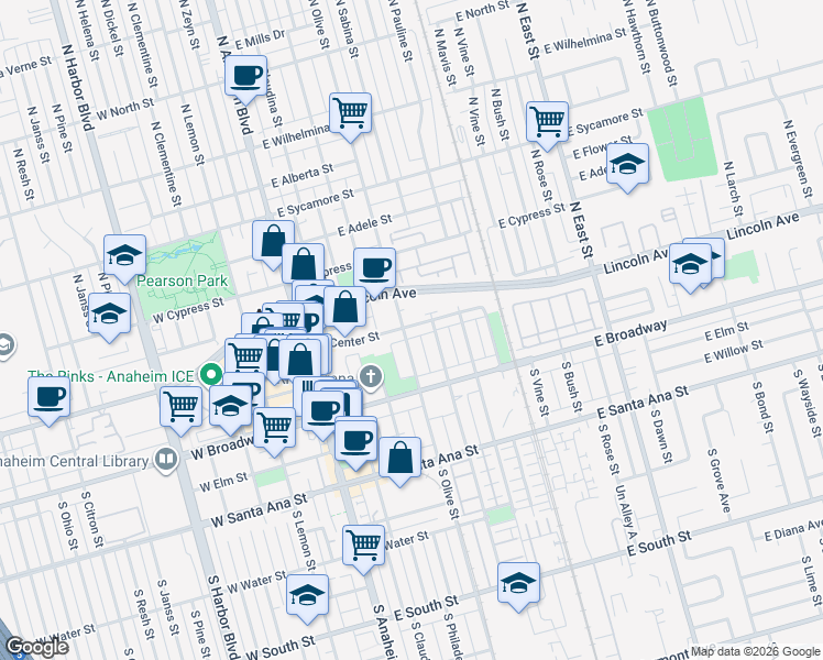 map of restaurants, bars, coffee shops, grocery stores, and more near 406 East Center Street in Anaheim